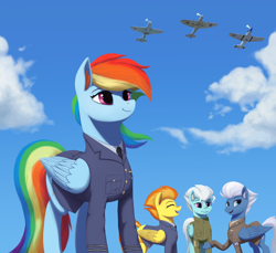 Size: 2974x2724 | Tagged: safe, artist:mrscroup, fleetfoot, night glider, rainbow dash, spitfire, pegasus, pony, clothes, cloud, ear fluff, eyes closed, female, group, mare, open mouth, p-51 mustang, pilot dash, plane, raised hoof, sky, smiling, supermarine spitfire, uniform, v-e day, world war ii, yakovlev yak-3