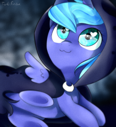 Size: 800x880 | Tagged: safe, artist:okaces, princess luna, alicorn, pony, a hearth's warming tail, :3, cloak, clothes, cute, filly, heart eyes, lunabetes, solo, spirit of hearth's warming yet to come, wingding eyes, woona