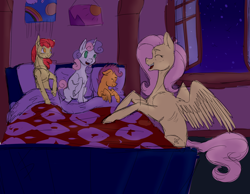 Size: 1800x1400 | Tagged: safe, artist:fullmoondagger, apple bloom, fluttershy, scootaloo, sweetie belle, pegasus, pony, stare master, bed, cutie mark crusaders, scene interpretation, sketchy