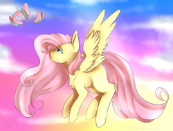 Size: 1024x775 | Tagged: safe, artist:clariehart, fluttershy, butterfly, pegasus, pony, flying, missing cutie mark, solo