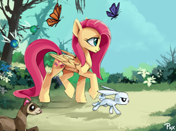 Size: 3150x2340 | Tagged: safe, artist:ponykillerx, angel bunny, fluttershy, butterfly, ferret, pegasus, pony, forest, trotting