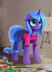 Size: 525x720 | Tagged: safe, artist:ponykillerx, princess luna, alicorn, pony, blep, cute, female, lunabetes, mare, overalls, painting, s1 luna, standing, tongue, tongue out, woona