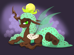 Size: 800x600 | Tagged: safe, artist:ectectbehho, oc, oc only, oc:physalis, changeling, food pony, original species, changeling oc, chocolate, food, ice cream, mint, mint chocolate chip, solo