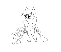 Size: 2742x2356 | Tagged: safe, artist:wapamario63, fluttershy, pegasus, pony, cute, frog (hoof), lineart, monochrome, shyabetes, simple background, sitting, solo, underhoof, wings