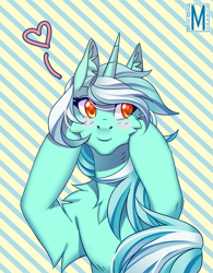 Size: 934x1200 | Tagged: safe, artist:margony, lyra heartstrings, pony, bipedal, blushing, chest fluff, heart, solo