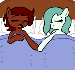 Size: 640x600 | Tagged: safe, artist:ficficponyfic, color edit, edit, oc, oc only, oc:emerald jewel, oc:ruby rouge, bed, bedroom, bedsheets, child, color, colored, colt, colt quest, cute, female, femboy, filly, foal, holding hooves, male, pillow, sleeping, tomboy