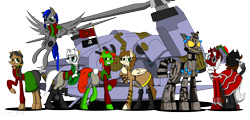 Size: 7300x3500 | Tagged: safe, artist:derpanater, oc, oc only, oc:blackspot, oc:carving doll, oc:couteau duel, oc:flintlock hoof, oc:graceful gust, oc:red steel, oc:shamrock bayonet, pegasus, pony, unicorn, fallout equestria, fallout equestria: dance of the orthrus, absurd resolution, armor, clothes, commission, digital art, group, group shot, piercing, pirate, power armor, powered exoskeleton, vehicle