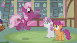 Size: 560x315 | Tagged: safe, screencap, cheerilee, scootaloo, sweetie belle, pony, hearts and hooves day (episode), animated, flailing, floating, hearts and hooves day, hoofy-kicks, loop, open mouth, sugarcube corner