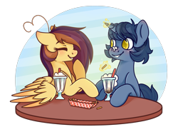 Size: 3279x2332 | Tagged: safe, artist:ruef, oc, oc only, oc:b.b., oc:lessi, blushing, food, french fries, hay, hay fries, milkshake