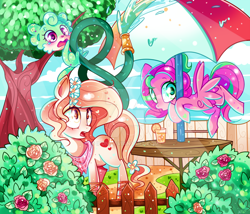 Size: 1024x878 | Tagged: safe, artist:ipun, oc, oc only, oc:precious metal, earth pony, pegasus, pony, blushing, female, fence, flower, flower in hair, heart, heart eyes, hose, mare, neckerchief, open mouth, tree, umbrella, wingding eyes