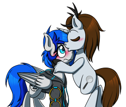 Size: 2955x2500 | Tagged: safe, artist:alittleofsomething, oc, oc only, oc:platinum, oc:sapphire sights, pegasus, pony, blushing, clothes, female, forehead kiss, jacket, kissing, male, oc x oc, shipping, straight, unideer