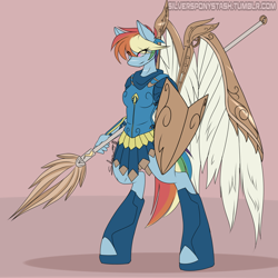 Size: 2000x2000 | Tagged: safe, artist:silverfox057, rainbow dash, anthro, unguligrade anthro, armor, shield, solo, spear, weapon, wing armor