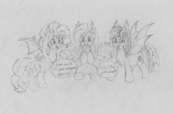 Size: 4848x3176 | Tagged: safe, artist:wapamario63, fluttershy, pinkie pie, twilight sparkle, twilight sparkle (alicorn), alicorn, bat pony, bat pony alicorn, earth pony, pony, bat ponified, cute, dialogue, flutterbat, food, mango, monochrome, pinkiebat, race swap, speech bubble, traditional art, trio, twibat