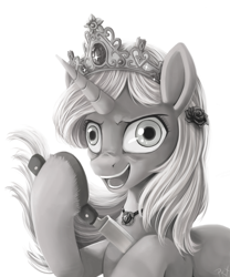 Size: 600x720 | Tagged: safe, artist:ponykillerx, unicorn, filly (filly funtasia), filly funtasia, grayscale, insanity, knife, monochrome, rose (filly funtasia), tiara