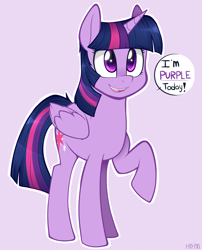 Size: 1000x1239 | Tagged: safe, artist:higglytownhero, twilight sparkle, twilight sparkle (alicorn), alicorn, pony, captain obvious, cute, dialogue, female, mare, open mouth, purple, purple smart, raised hoof, smiling, solo, twiabetes