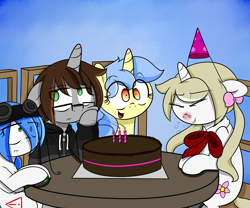 Size: 2400x2000 | Tagged: safe, artist:fullmetalpikmin, oc, oc only, oc:cherry blossom, oc:drawing ink, oc:mal, oc:viewing pleasure, earth pony, pony, unicorn, birthday, birthday cake, bow, cake, clothes, congenital amputee, food, glasses, goggles, hair bow, hat, hoodie, red nosed, sneezing