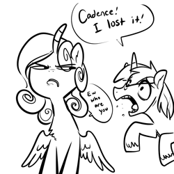 Size: 1000x1000 | Tagged: safe, artist:glacierclear, princess cadance, shining armor, alicorn, pony, unicorn, dialogue, monochrome, princess bitchdance