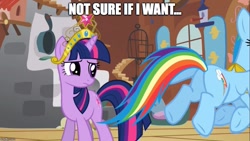 Size: 889x500 | Tagged: safe, edit, edited screencap, screencap, rainbow dash, twilight sparkle, pegasus, pony, keep calm and flutter on, big crown thingy, caption, element of loyalty, element of magic, female, image macro, jewelry, lesbian, mare, meme, not sure if want, plot, regalia, shipping, twidash