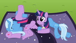 Size: 11200x6400 | Tagged: safe, artist:parclytaxel, trixie, twilight sparkle, twilight sparkle (alicorn), alicorn, dullahan, pony, .svg available, absurd resolution, adoracreepy, camembert, cheese, crackers, creepy, cute, detachable head, disembodied head, food, grass, headless, hole, i can't believe it's not badumsquish, laughing, modular, not salmon, picnic, picnic blanket, smiling, vector, wat, water cracker, what has science done