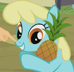 Size: 392x380 | Tagged: safe, edit, edited screencap, screencap, sassaflash, pony, trade ya, boop, boop edit, female, food, hand, mare, pineapple, that pony sure does love pineapples