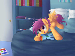 Size: 1960x1465 | Tagged: safe, artist:vanillaghosties, rainbow dash, scootaloo, pegasus, pony, bed, cute, cutealoo, open mouth, pillow, plushie, solo