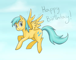 Size: 952x755 | Tagged: safe, artist:shiaran, sunshower raindrops, pegasus, pony, birthday, cloud, flying, solo