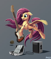 Size: 2048x2337 | Tagged: safe, artist:ponykillerx, fluttershy, pegasus, pony, amplifier, flying, guitar, musical instrument, open mouth, sign, spider web, tumbleweed, windswept mane