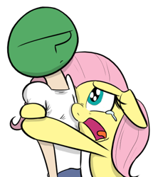 Size: 383x445 | Tagged: safe, artist:shoutingisfun, fluttershy, oc, oc:anon, human, pegasus, pony, crying, female, floppy ears, frown, hug, human male, male, mare, open mouth, sad, simple background, tongue out, unamused, white background