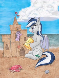 Size: 4960x6496 | Tagged: safe, artist:helicityponi, oc, oc only, oc:daturea eventide, oc:tinisparkler, bat pony, crab, pony, absurd resolution, beach, bucket, cloud, cute, macro, micro, sandcastle, traditional art, waving