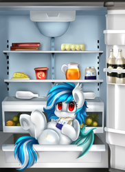 Size: 2550x3509 | Tagged: safe, artist:pridark, oc, oc only, oc:snowflake, bat pony, pony, biting, caught, cheese, chubby, commission, cute, egg (food), fangs, food, juice, milk, orange juice, red eyes, refrigerator, solo, underhoof