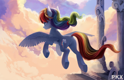 Size: 1970x1280 | Tagged: safe, artist:ponykillerx, rainbow dash, pegasus, pony, blue coat, female, flying, mare, multicolored mane, solo