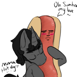 Size: 894x894 | Tagged: safe, artist:ryuokowolf, king sombra, pony, unicorn, blushing, crack shipping, eyes closed, food, hot dog, hug, meat, meme, not salmon, sausage, shipping, simple background, transparent background, wat, yaranaika