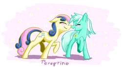 Size: 1526x840 | Tagged: safe, artist:phoenixperegrine, bon bon, lyra heartstrings, sweetie drops, earth pony, pony, unicorn, adorabon, blushing, boop, cute, eyes closed, female, grin, happy, lesbian, lyrabetes, lyrabon, mare, nose wrinkle, noseboop, raised hoof, raised leg, shipping, smiling