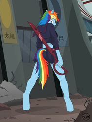 Size: 4560x6080 | Tagged: safe, artist:toxic-mario, rainbow dash, anthro, unguligrade anthro, absurd resolution, kill la kill, parody, ryuko matoi, solo, sword, weapon