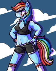 Size: 1017x1280 | Tagged: safe, artist:intoxicatedsquid, rainbow dash, anthro, clothes, grin, midriff, muscles, shorts, smiling, solo, sports bra, sports shorts, sweat