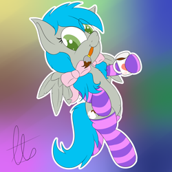 Size: 2000x2000 | Tagged: safe, artist:laptopbrony, oc, oc only, oc:darcy sinclair, belly button, bow, clothes, coffee, cute, looking at you, paintbrush, socks, solo, striped socks