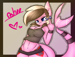 Size: 3000x2300 | Tagged: safe, artist:ashee, oc, oc only, oc:ashee, anthro, original species, shark pony, belly button, breasts, cleavage, clothes, female, middle finger, midriff, panties, shorts, tanktop, thong, underwear