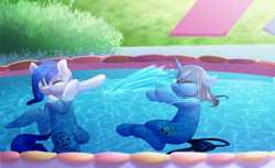 Size: 1280x782 | Tagged: safe, artist:smallandnaughty, oc, oc only, oc:sapphire sights, oc:silver lining, pegasus, pony, unicorn, cute, swimming pool, water