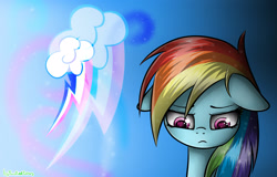 Size: 2500x1600 | Tagged: safe, artist:twotiedbows, rainbow dash, pegasus, pony, floppy ears, looking down, sad, solo