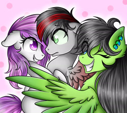 Size: 2500x2233 | Tagged: safe, artist:twotiedbows, oc, oc only, pegasus, pony, ear piercing, female, floppy ears, hug, looking at each other, male, mare, one eye closed, piercing, smiling, spread wings, stallion, winghug, wink