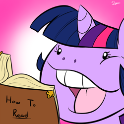 Size: 900x900 | Tagged: safe, artist:slypon, twilight sparkle, pony, beady eyes, book, bust, faic, how to read, irony, open mouth, paradox, portrait, solo