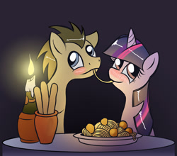 Size: 1024x902 | Tagged: safe, artist:cybertoaster, doctor whooves, twilight sparkle, pony, blushing, candle, crossover, doctwi, food, imminent kissing, lady and the tramp, male, pasta, shipping, spaghetti, spaghetti scene, stallion, straight