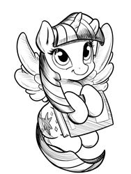 Size: 1200x1600 | Tagged: safe, artist:viwrastupr, part of a set, twilight sparkle, twilight sparkle (alicorn), alicorn, pony, book, bookhorse, cute, grayscale, monochrome, solo, twiabetes