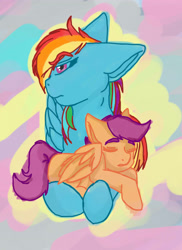 Size: 2552x3508 | Tagged: safe, artist:jeyjeymohr, rainbow dash, scootaloo, pegasus, pony, cute, cutealoo, scootalove, sleeping