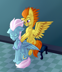 Size: 1407x1646 | Tagged: safe, artist:bayanik, blaze, fleetfoot, newbie dash, backwards cutie mark, blazefoot, chest fluff, female, lesbian, massage, scene interpretation, shipping, wrong cutie mark