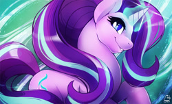 Size: 1500x909 | Tagged: safe, artist:chocokangoo, starlight glimmer, pony, unicorn, female, glowing horn, magic, mare, smiling, solo