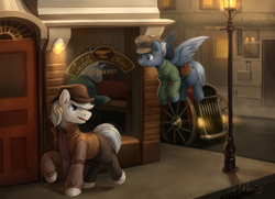 Size: 5389x3905 | Tagged: safe, artist:audrarius, double diamond, night glider, car, clothes, flying, hat, open mouth, pants, raised hoof, scarf, steampunk