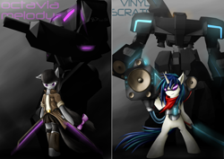 Size: 1280x905 | Tagged: safe, artist:firenze, dj pon-3, octavia melody, vinyl scratch, earth pony, pony, unicorn, bipedal, bowtie, clothes, female, hooves, horn, mare, mecha, smiling, sunglasses, sword, text, weapon