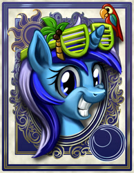 Size: 700x900 | Tagged: safe, artist:harwick, minuette, parrot, pony, unicorn, coconut, cute, female, food, grin, harwick's sun/moon portraits, looking at you, mare, palm tree, portrait, shutter shades, smiling, solo, squee