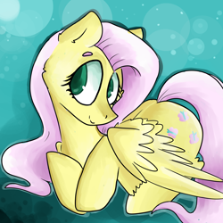 Size: 1200x1200 | Tagged: safe, artist:nicothemintyrabbit, fluttershy, pegasus, pony, abstract background, head turn, looking at you, prone, smiling, solo, spread wings